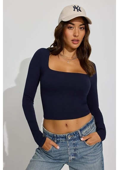 Seeh Lacivert Kare Yaka Uzun Kollu Kadın Body Sh206