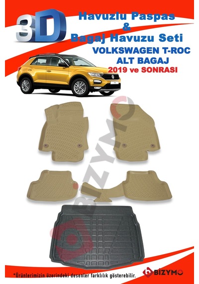 Volkswagen T-Roc 2019+ 3D Havuzlu Bej Paspas + Alt Bagaj Havuzu