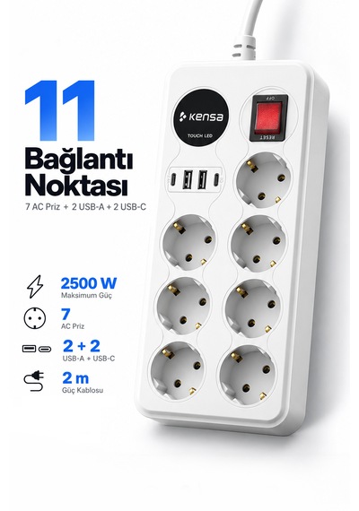 Akım Korumalı Priz 7'li + 2x Usb-a + 2x Usb-c 2 Metre Kablo 0 - 2 M