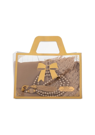 İğne Oyalı Şal 144x68 Cm + Tesbih Hediye Seti Asetat Çantalı, Gold