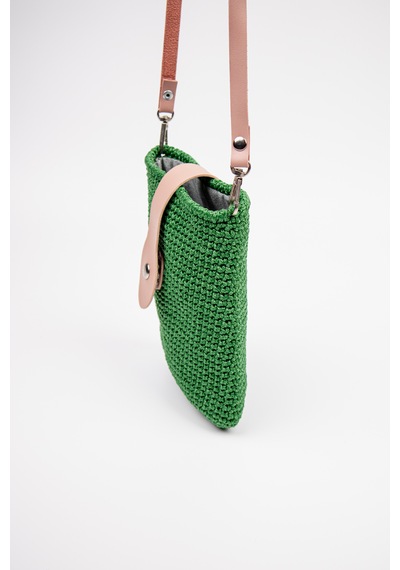 Fabric Craft Bag Çapraz Askılı Kadın Omuz Çantası Floş İplik Örgü Küçük Çanta Yeşil - Pembe
