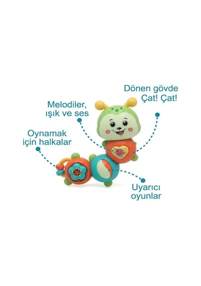 Montessori Neşeli Tırtıl Düğmeli Işıklı Müzikli 23 Cm Eğitici Ve Öğretici Çıngıraklı Bebek Oyuncağı