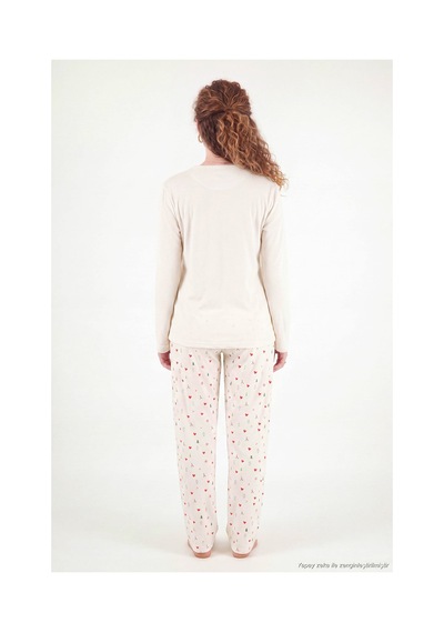 Lela Desenli Yumuşak Dokulu Uzun Kollu Pijama Takımı Kadın Pijama Takımı 6575016 Krem