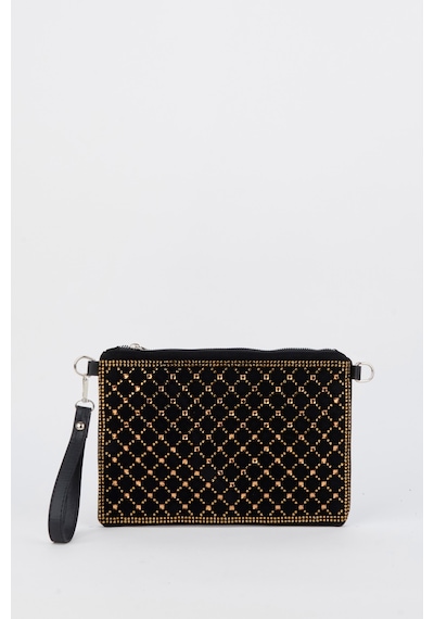 Vivaq Kadın Kapitone Altın Taşlı Süet Bilek Askılı Ve Zincir Askılı Portföy El Ve Clutch Çanta SİYAH