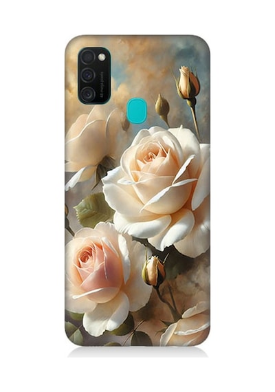 Samsung Galaxy M21 Uyumlu Krem Beyaz Güllerin Sessizliği Desenli Silikon Kılıf Çok Renkli