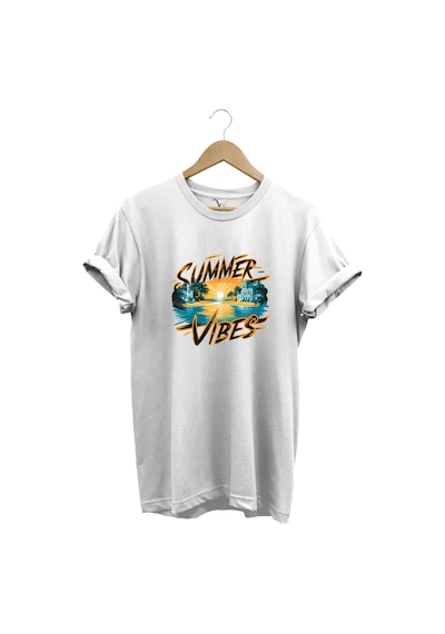 Summer Vibes Baskılı Yazlık Tatil Deniz %100 Pamuk Regular Fit Bisiklet Yaka Beyaz T-shirt Beyaz