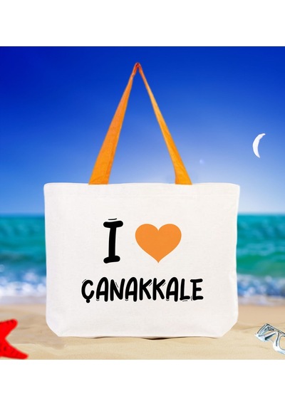 Bk Gift I Love Çanakkale Turuncu Renkli Kulp Kanvas Plaj Çantası 48x40m, Baskılı Omuz Çantası, Alışveriş Çantası