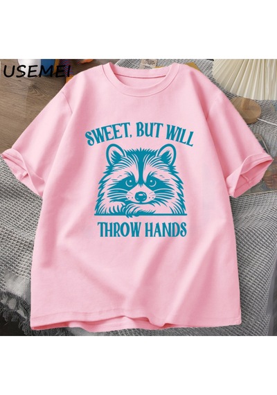 Flood Of Style Tatlı Ama El Atacak Baskılı T-shirt Erkek Kadın Komik Rakun Meme T Çöp Panda Tshirt Ya Pembe
