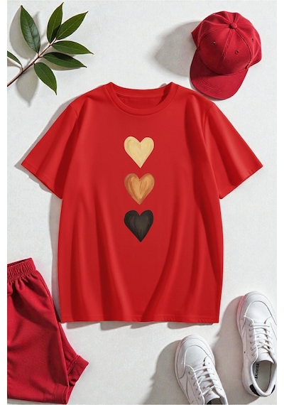 Uyguntarz Unisex Üç Kalpli Tasarım Basklı Tshirt Kırmızı
