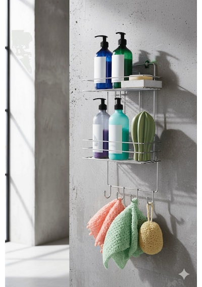 Sas Haus 2 Katlı Krom Kancalı Banyo Duş Rafı, Şampuanlık, Lif/kese Askılı, Paslanmaz Metal, Banyo Düzenleyici - Tş-02 Krom
