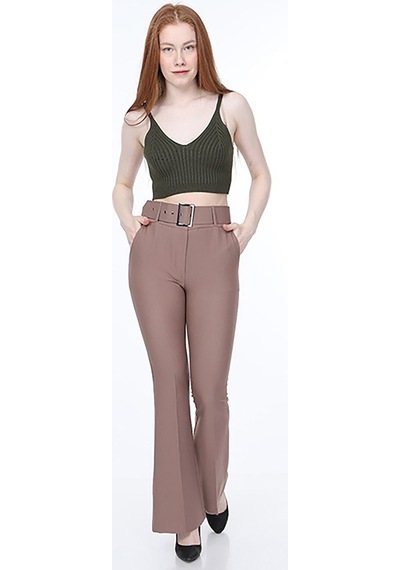 Bluence Beli Kemerli Ispanyol Paça Vizon Kumaş Pantolon Vizon