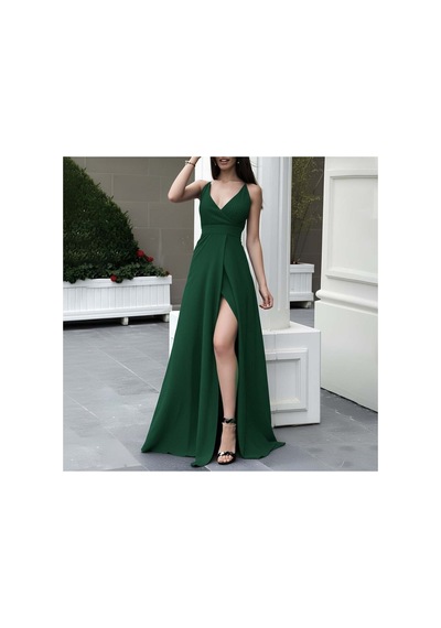 Butik İstanbul Kadın Ip Askılı Derin Uzun Yırtmaç Detaylı Yerli Krep Uzun Elbise Yeşil