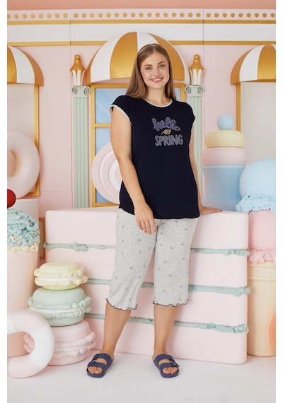 Sevim Kadın Büyük Beden Kısa Kol Kapri Lacivert Pijama Takım C2t4n7o51 001
