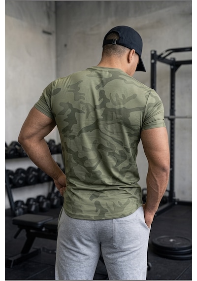 Serablanka Erkek Nem Emici Hızlı Kuruma Atletik Teknik Kamuflaj Desenli Spor T-shirt Haki