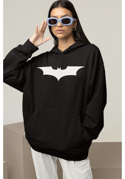 Sevbano Batman Logo Baskılı Unisex Oversize Dc Karakter Hoodie Siyah