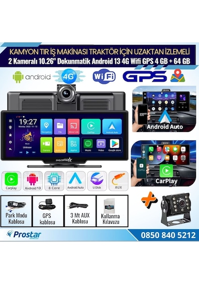 Kamyon Tır İçin Kayıtlı 2 Kameralı Android 13 Wıfı Gps 4g Uzaktan İzlemeli 4 Gb + 64 Gb Carplay 512 Gb Destekli Tak Kullan Kamera Seti