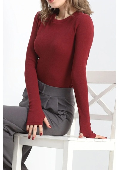 Bigümex Yumuşak Dokulu Konfor Modeli Yarım Balıkçı Yaka Triko Body Kaşkorse Parmak Geçmeli Bluz Bordo