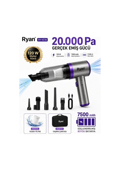 Bagajon Ryan 20.000 Pa 7.500 Mah Araç Süpürgesi 120w Fırçasız Motor, Üfleme & Vakum, Çantalı