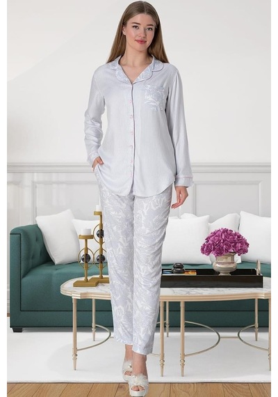 Mecit Pijama Mecit 5143 Bayan Pembe Boydan Düğmeli Uzun Kollu Pijama Takımı 001