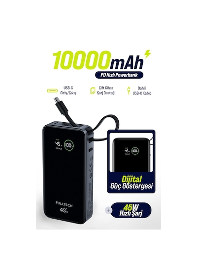 Fulltech Fp54 10000mah 45w Pd Hızlı Şarjlı Powerbank 45w Kablosuz Şarj Entegre Usb-c Kablo Dij Siyah