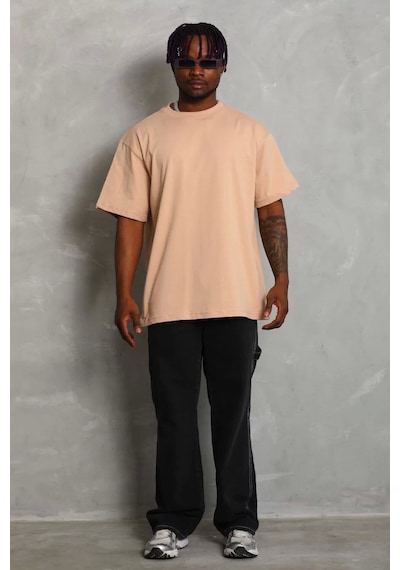 Unisex Oversize Düz Bisiklet Yaka T-shirt - Bej Bej