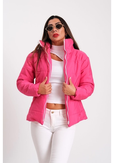 Keyifli Moda Kadın Fuşya Dik Yaka Su Geçirmez Tasarım Şişme Mont-fuşya Fuşya