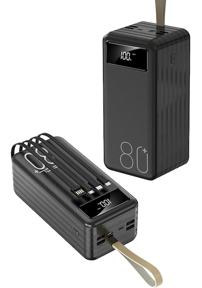 80.000 Mah Powerbank 4 Usb Micro Type-c Lıghtnıng Girişli El Fenerli Taşınabilir Şarj Aleti Siyah