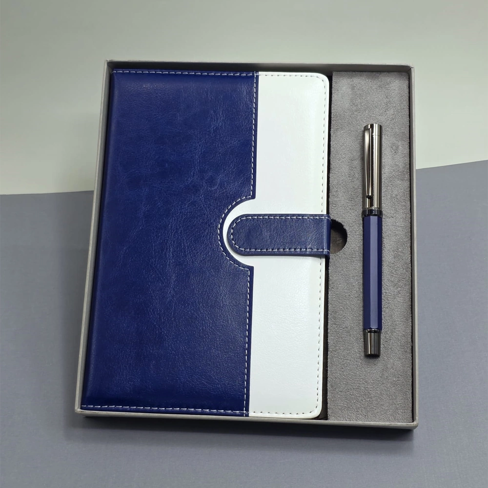 Mavi Beyaz Deri Kapaklı Defter Ve Metal Kalem Set
