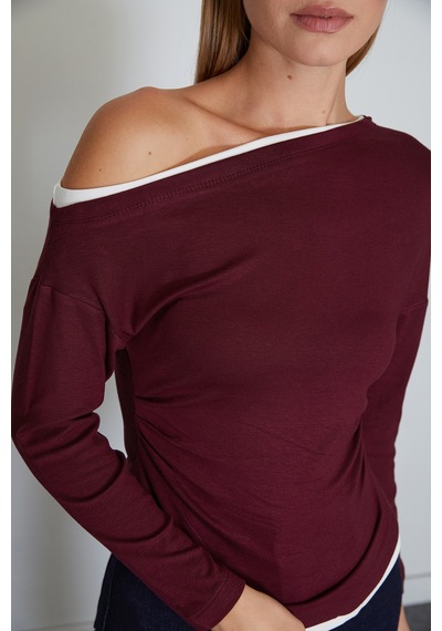 Fullamoda Garnili Kayık Yaka Drapeli Asimetrik Kesim Modal Bluz Bordo