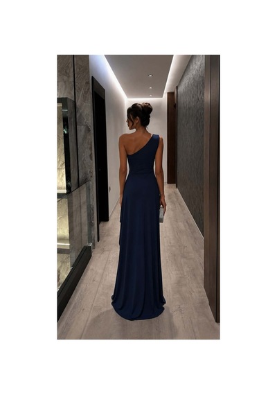 DefyModa Kadın Modern Stil Tek Omuz Kemerli Maxi Abiye Elbise Lacivert