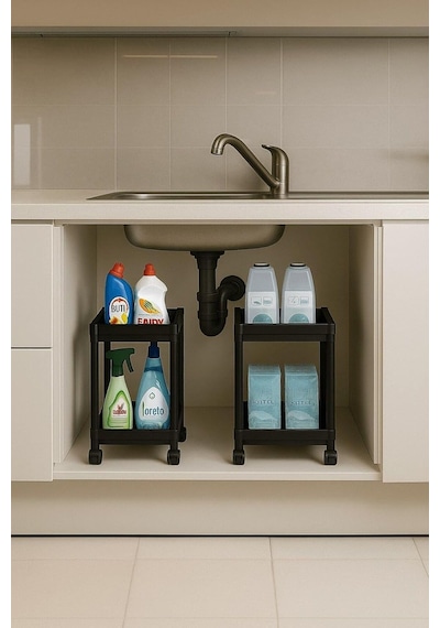 Sas Haus Flex Elite Pro 2 Katlı Siyah Tekerlekli Çok Amaçlı Banyo & Mutfak Düzenleyici Raf Evye Altı Deterj Si