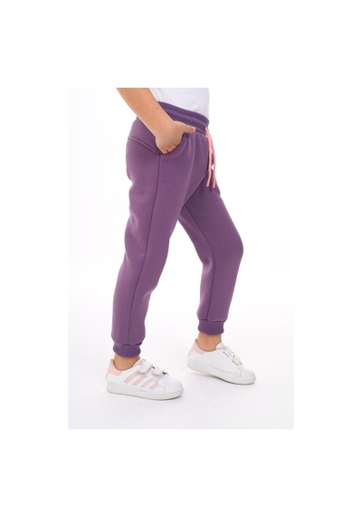 Kız Çocuk Nakış Baskılı Beli Paçası Lastikli Cepli Basic Jogger Eşofman Altı 3 İplik Şardonlu Mor