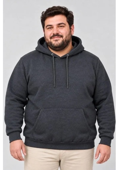 Zennamoda Erkek Battal Büyük Beden Üç İplik İçi Şardonlu Kapüşonlu Kanguru Cepli Kışlık Sweatshirt - Füme