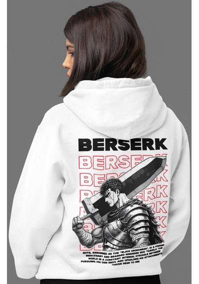Sevbano Berserk Guts Anime Sırt Baskılı Unisex Oversize Penye Hoodie beyaz