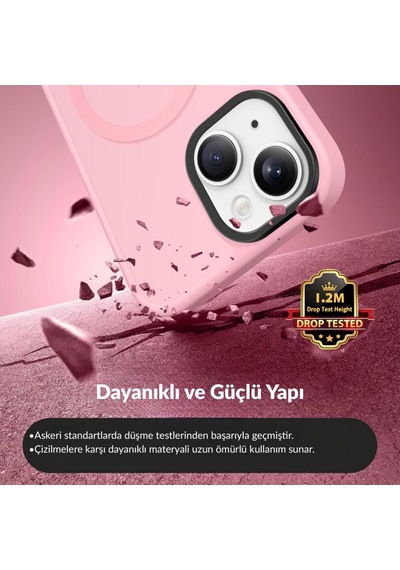 Bix İphone 15 Magsafe Uyumlu Kılıf Tam Koruma Manyetik Darbe Emici Pembe
