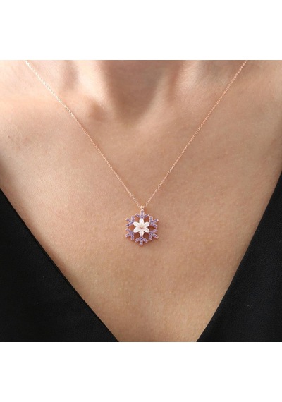 Mia vento Ametist Taşlı Işıltılı Kar Kristali Manolya Çiçeği Rose Renk Flowers Gümüş Kolye