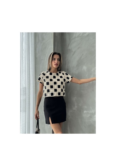 Verymoda Kısa Kollu Dama Desen Tiğişi Bluz D2619 Siyah Ham