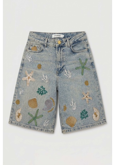 it's basic Kadın Kot Rengi 4s6-65 Nakışlı Özel Tasarım Bermuda Denim Şort Çok Renkli