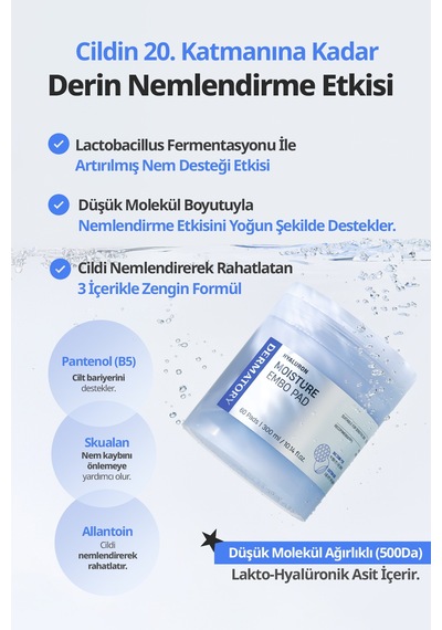 Hyalüronik Asitli, Nemlendiren Makyaj Öncesi Cilt Bakım Pedi Dermatory Hyaluron Moisture Embo Pad