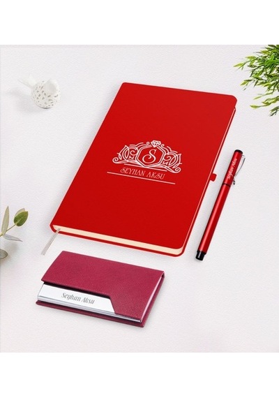 Kişiye Özel Isimli Kırmızı Defter Kalem Kartvizitlik Hediye Seti- (505048590)