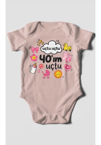 Morivokids Uçtu Uçtu 40'ım Uçtu Kısa Kollu Bebek Body %100 Pamuk Pastel Pembe