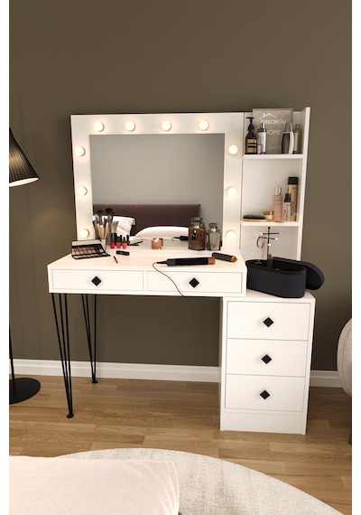 Df02121 Led Işıklı Aynalı Makyaj Masası Raflı Çekmeceli Beyaz Hollywood Model Makyaj Organizer Gri