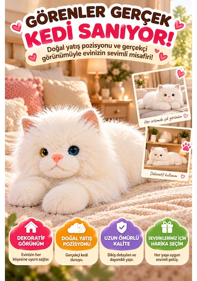 Beyaz Gerçek Kedi Görünümlü Pelüş Kedi 50 Cm Uzun Tüylü Yumuşacık Sarılmalık Dekoratif Oyuncak Kedi