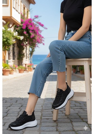 Guja 26y301 Rahat Taşlı Tekstil Günlük Spor Sneaker Kadın Ayakkabı Siyah