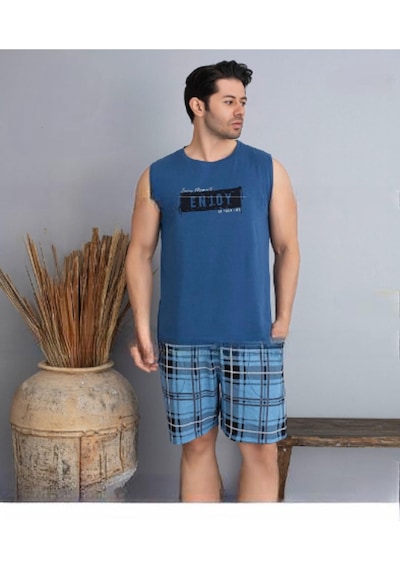 Pijamoni Erkek Bisiklet Yaka Kolsuz Şortlu Pijama Takımı 6185/10 - 1 Adet Mavi