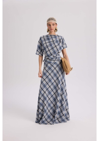 Mai Collection Petunya Ekoseli Mavi Crop Etek Takım mavi