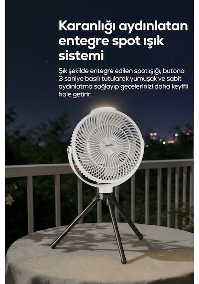 Taşınabilir Kamp Vantilatörü 8000 Mah, Bataryalı, Tripodlu, Işıklı, Sessiz X7434-beyaz