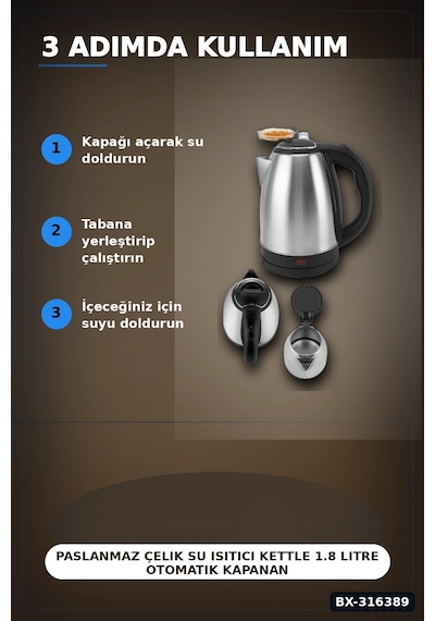 Paslanmaz Çelik Su Isıtıcı Kettle 1.8 Litre Otomatik Kapanan Gizli Rezistans Inox Bx-316389