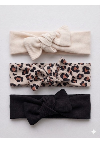 Kız Bebek 3 Lü Ribana Fiyonklu Bandana Seti - Leopar Çok Renkli