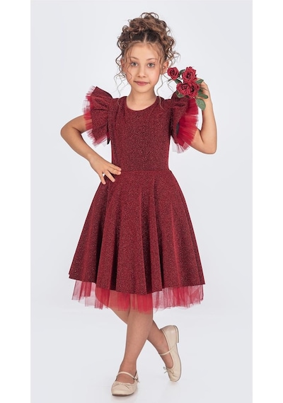 Mnk Baby & Kids Simli Şanzelize Kız Çocuk Abiye Elbise M00669 Bordo